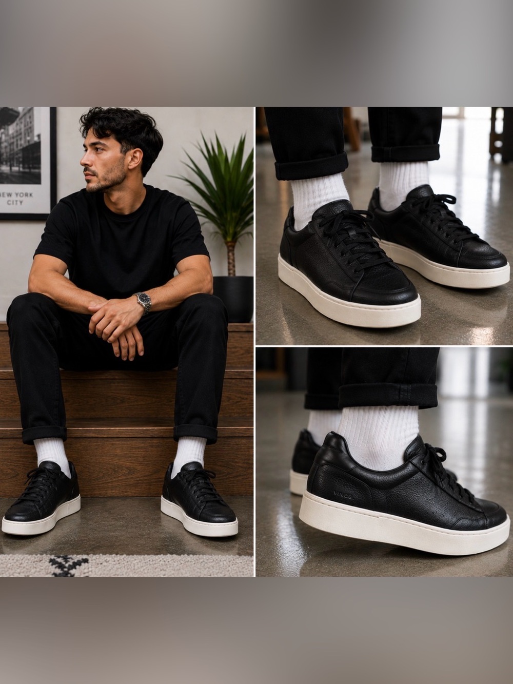 Vince Men's Black Leather Low-Top Sneakers with White Platform